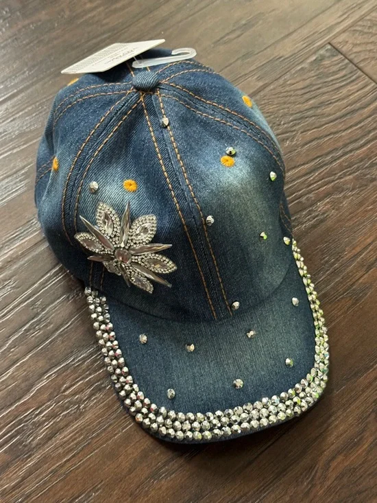 Bon Voyage Denim Cap with Crystal Floral Accent , New w/ Tag - Picture 2 of 10